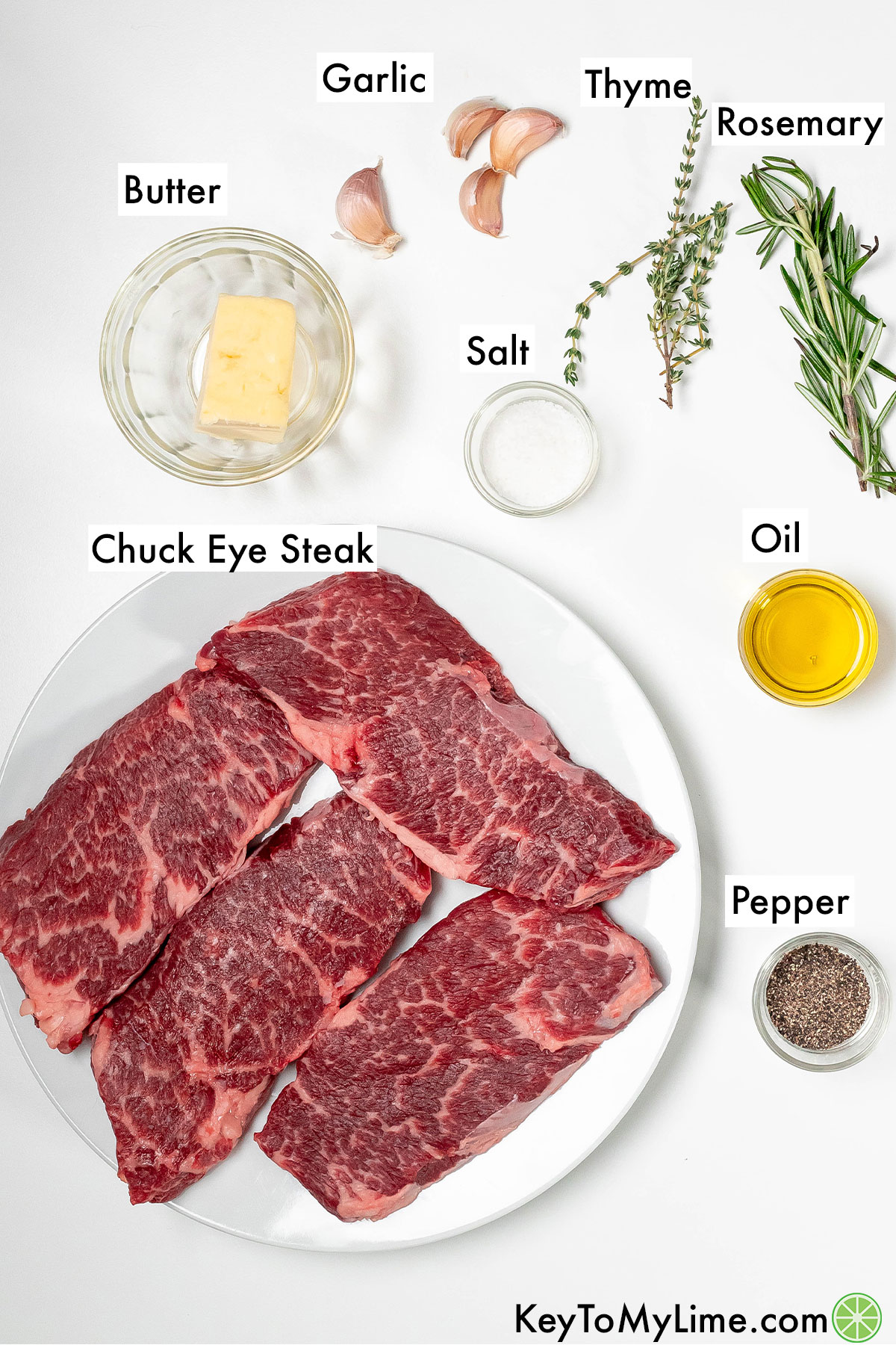 The labeled ingredients for chuck eye steak.