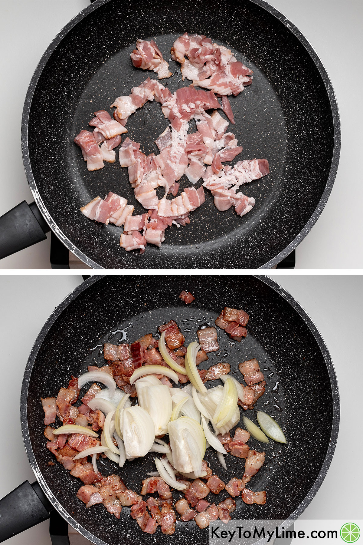 Cooking bacon in a hot skillet half way, and then adding onions and sauteing until translucent.