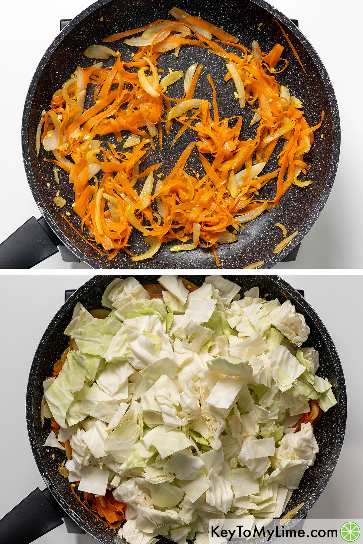 Cooking the carrots and onions together until softened in a skillet, and then adding cabbage.