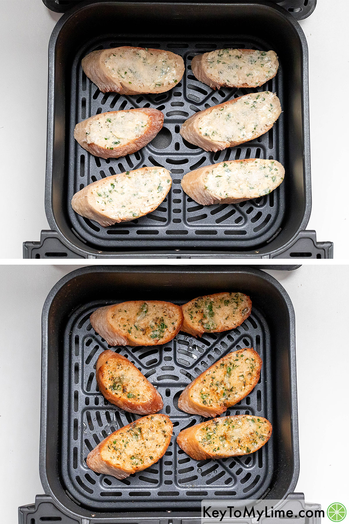 Cooking the garlic bread in the air fryer for five minutes or until a golden texture has been achieved.