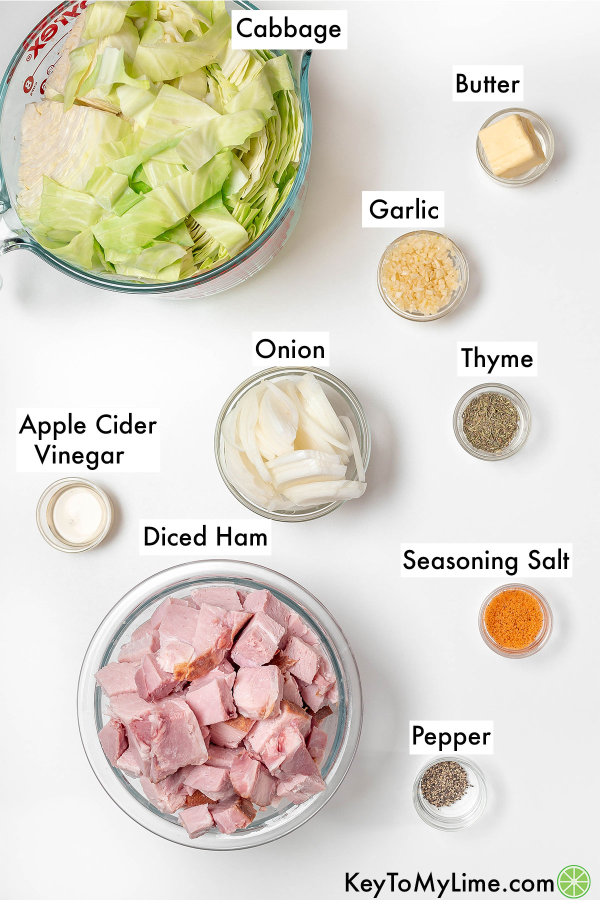 The labeled ingredients for ham and cabbage.