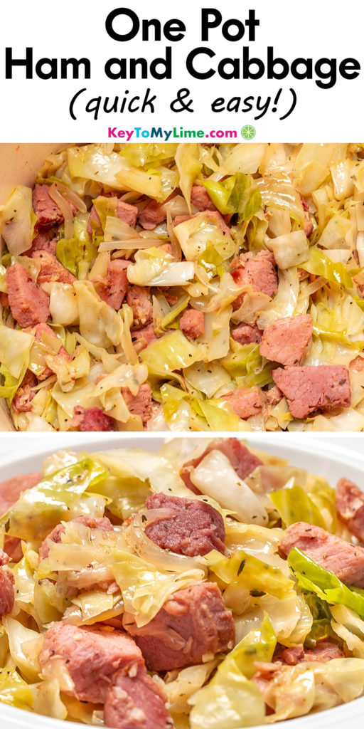 A Pinterest pin image with a picture of ham and cabbage with title text at the top.