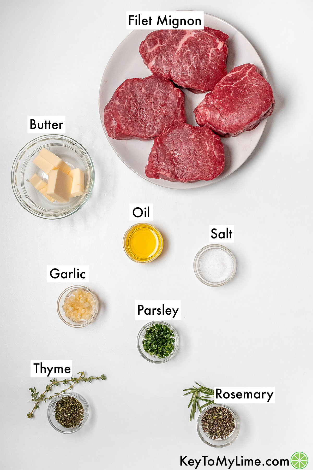 The labeled ingredients for how to cook filet mignon.