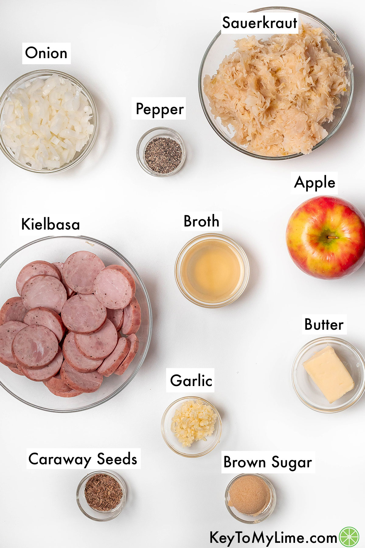 The labeled ingredients for kielbasa and sauerkraut.