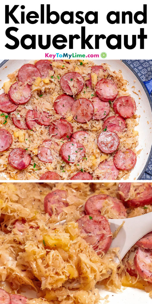A Pinterest pin image with a picture of kielbasa and sauerkraut with title text at the top.