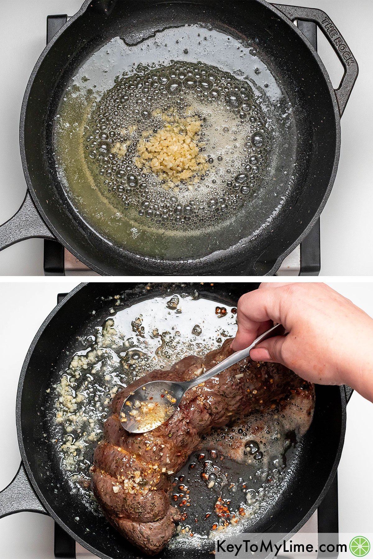 Melting butter and garlic in a hot skillet, and then searing tenderloin on all sides.