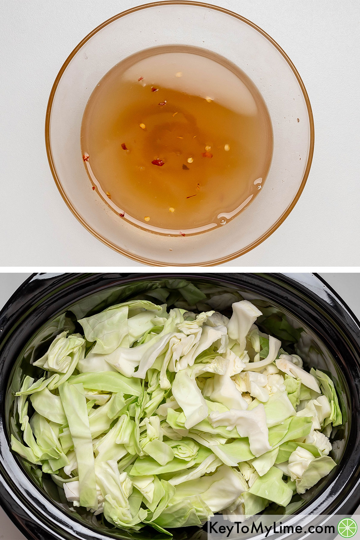Mixing broth, sugar, and seasoning together in a small mixing bowl, and then adding to cabbage in a crockpot.