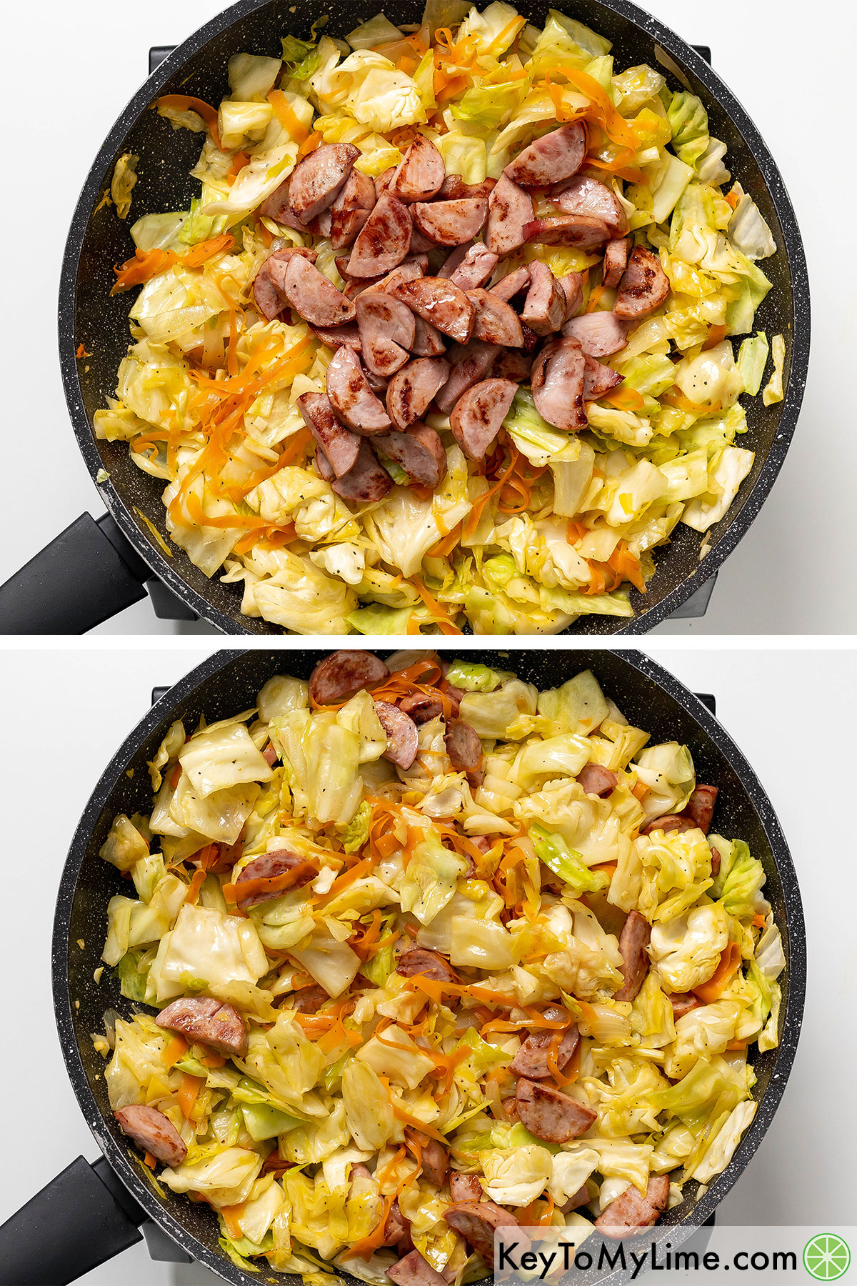 Once cabbage has wilted adding the kielbasa back to the skillet and tossing throughout.