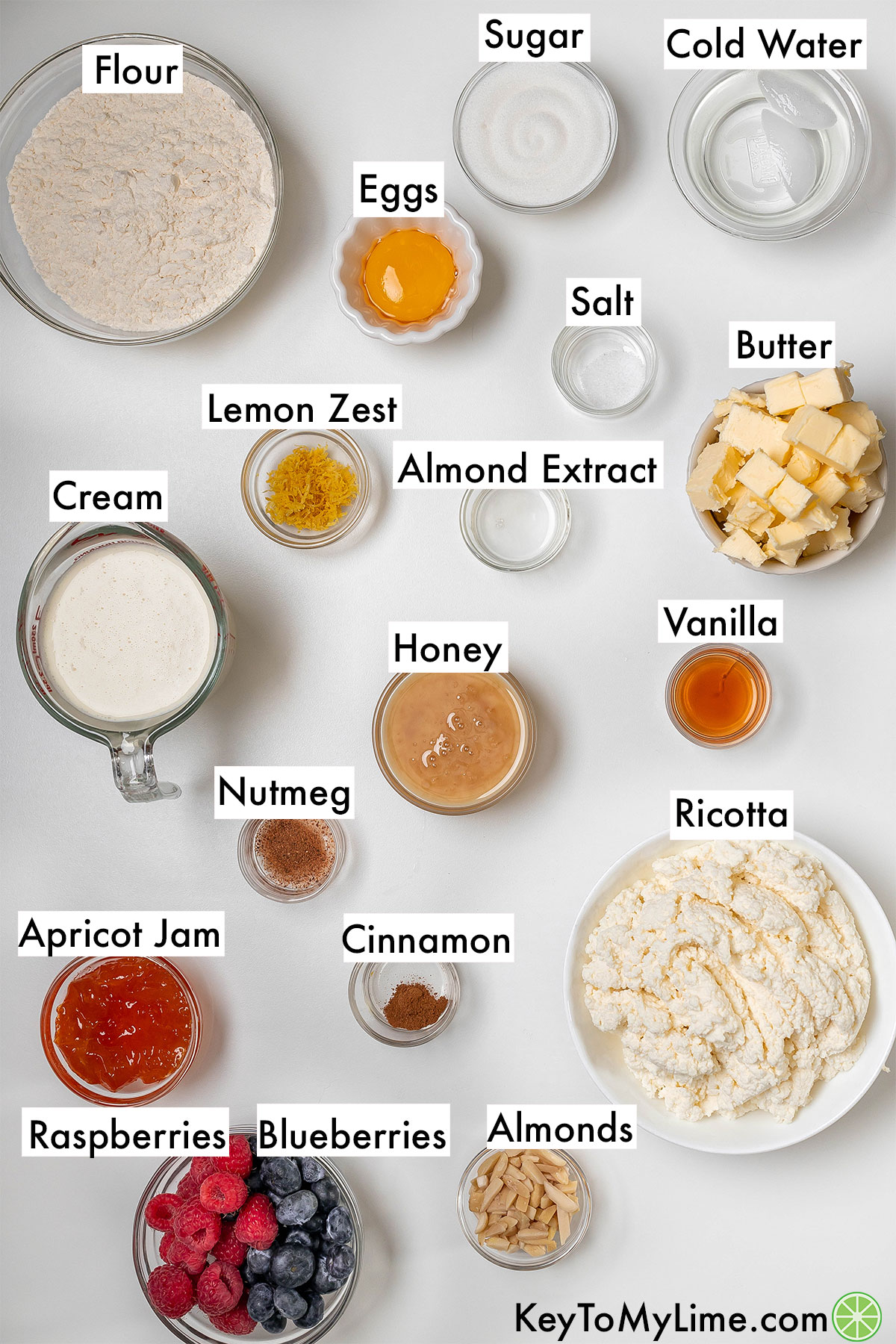 The labeled ingredients for ricotta pie.