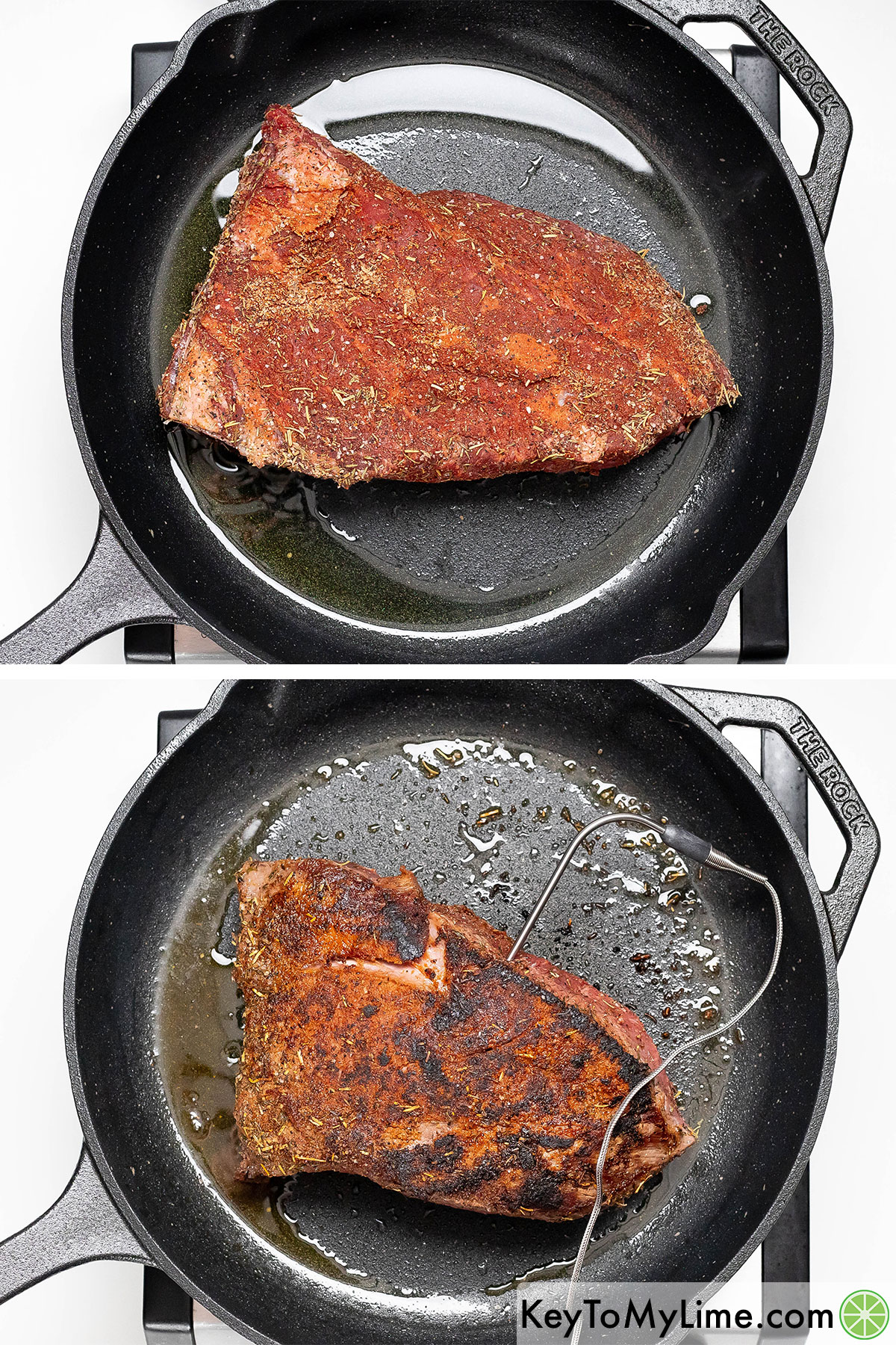 Searing the tri tip in a hot skillet, and then inserting an oven safe thermometer and baking.