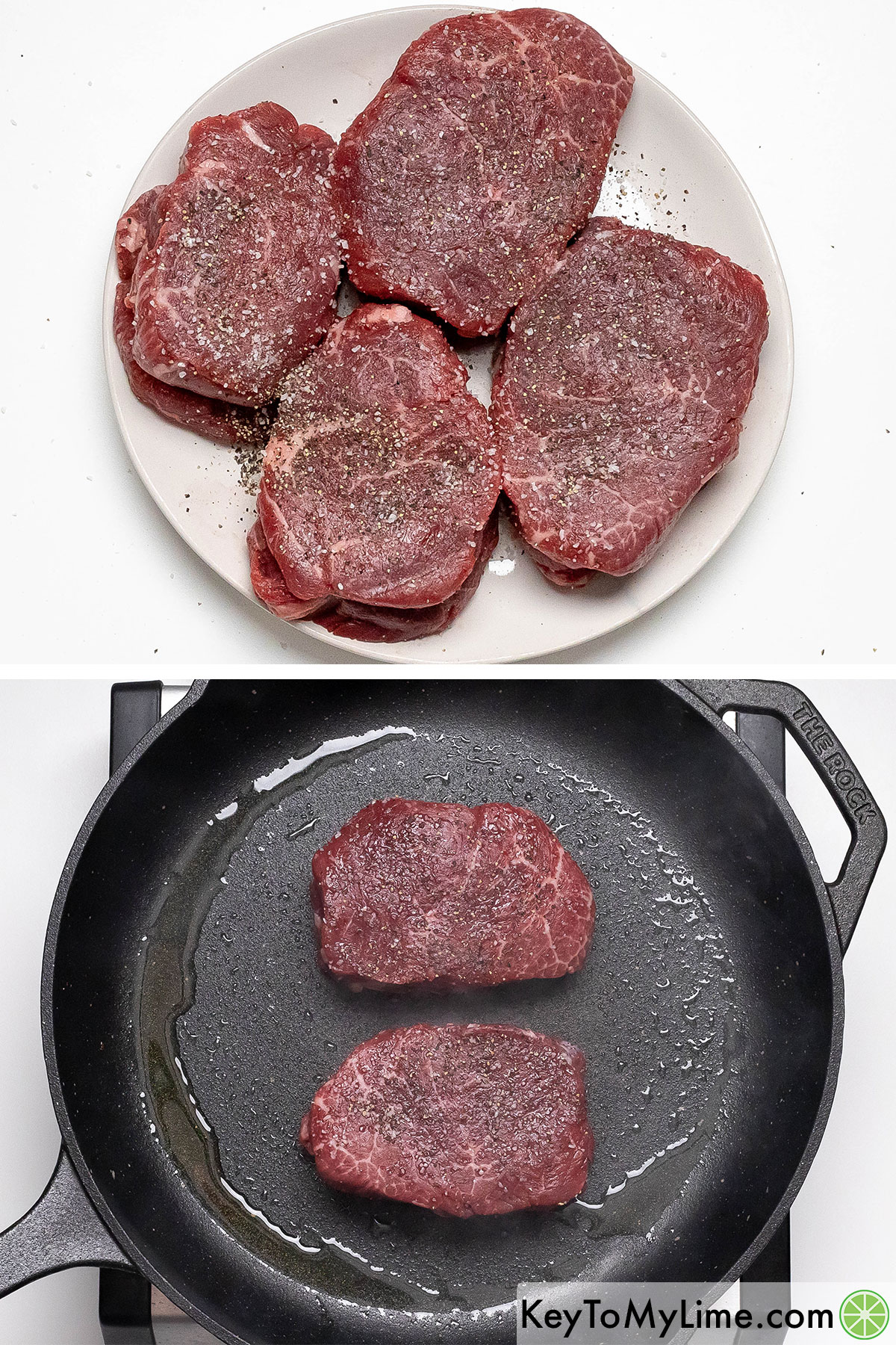 Seasoning the steak with salt and pepper on both sides, and then adding them to a hot skillet with olive oil.