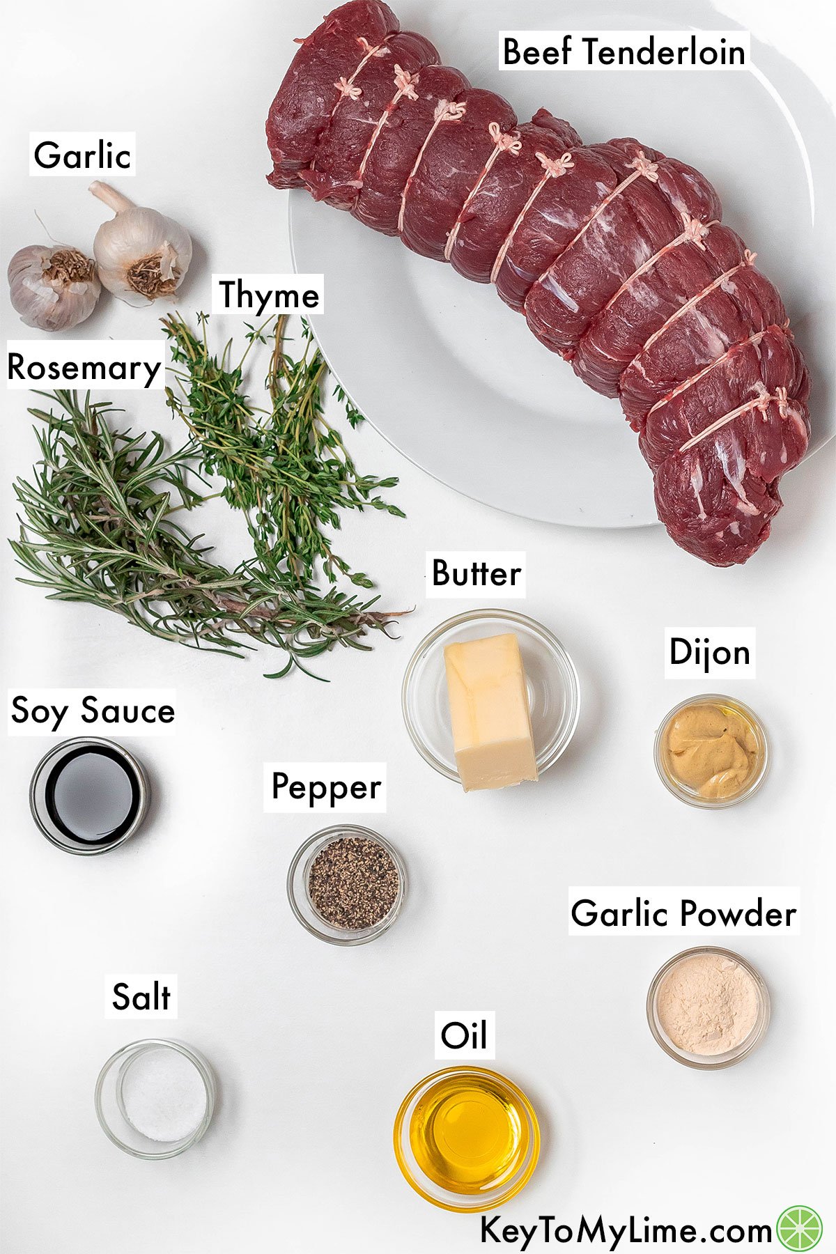 The labeled ingredients for sous vide beef tenderloin.