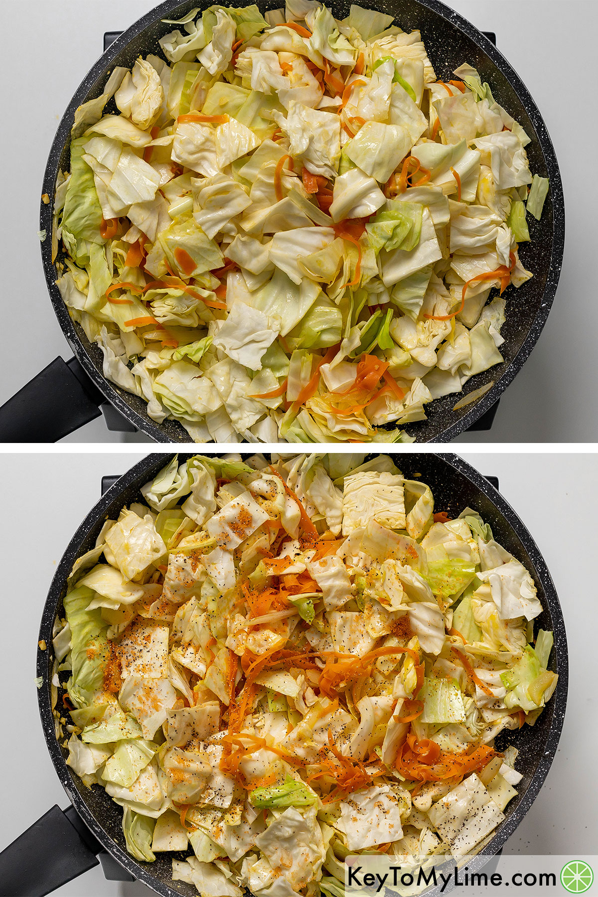 Adding apple cider vinegar, seasoning salt, and pepper, and then mixing the cabbage until fully mixed throughout.