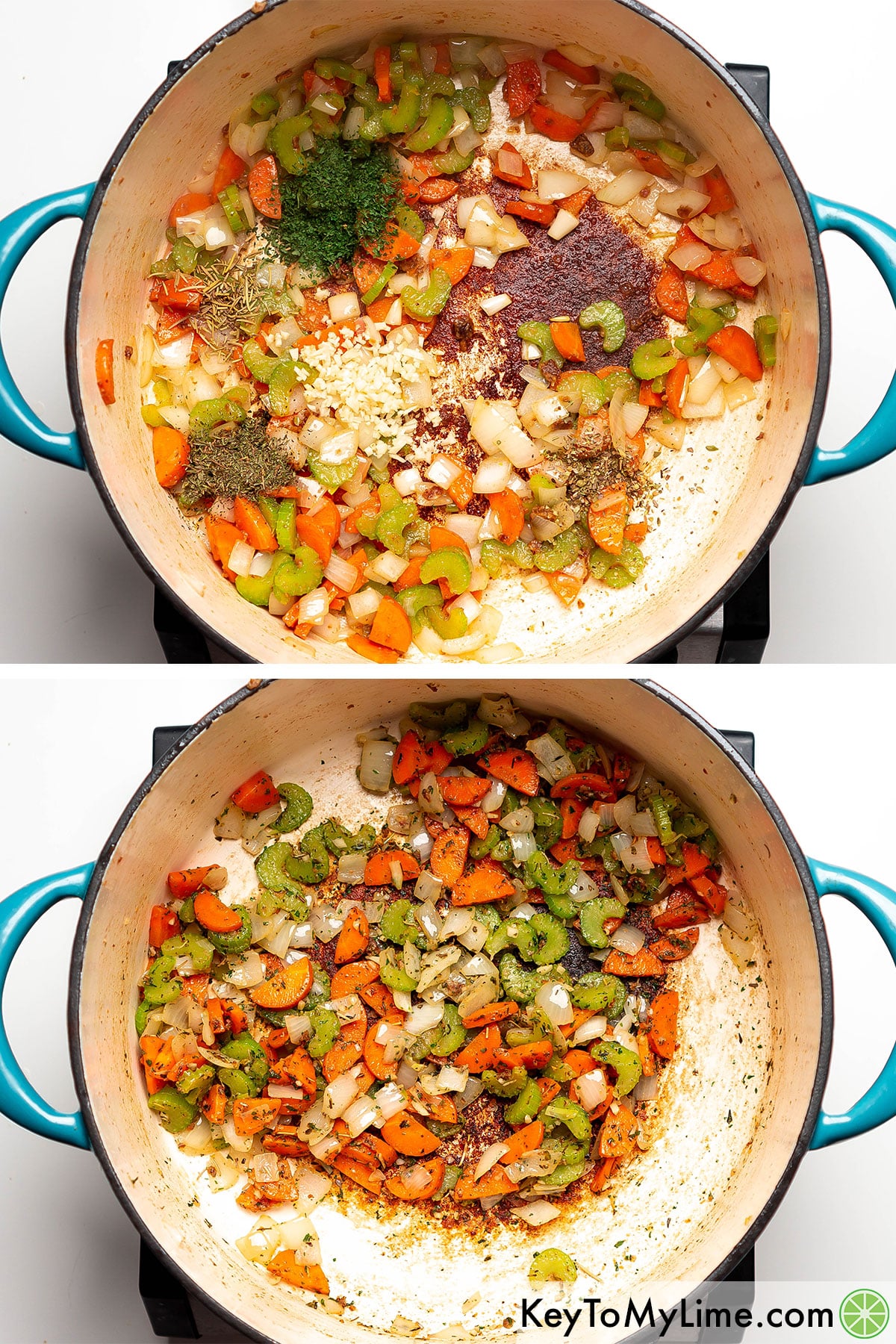 Adding the garlic and seasoning to the pot, and then mixing together.