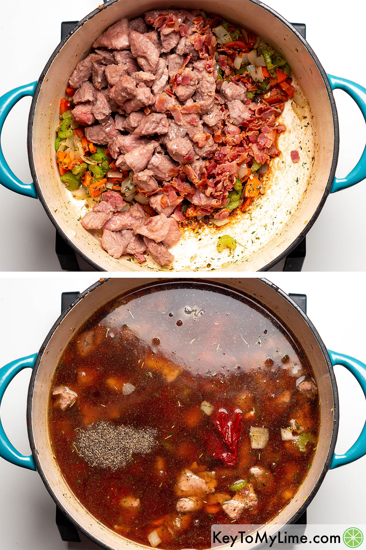 Adding pork and bacon to the crockpot, and then mixing.