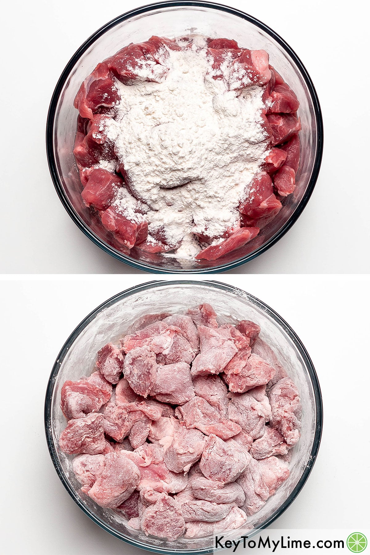 Coating the cut pork shoulder in flour in a large mixing bowl, and then mixing.