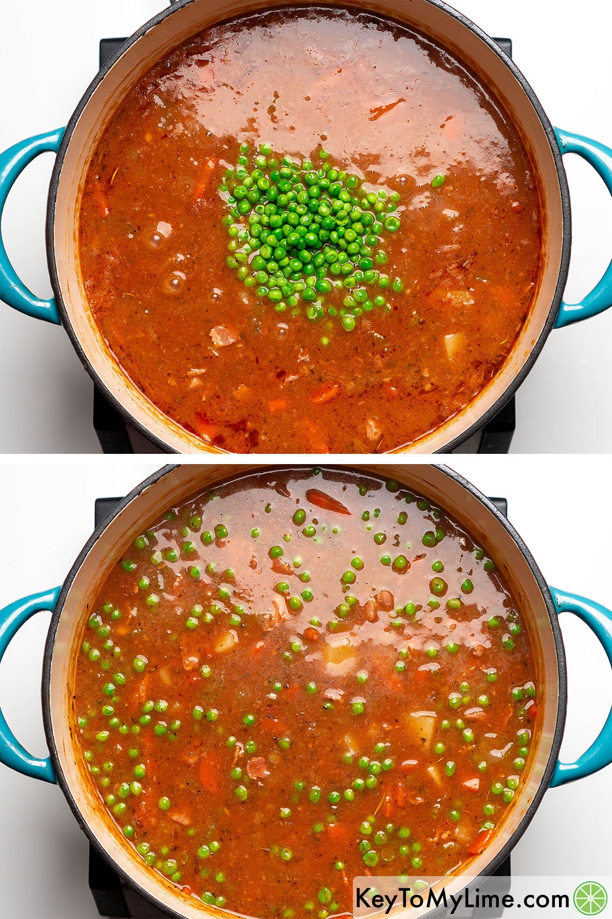 Add and stir in the peas, and then cooked uncovered until potatoes are fork tender.
