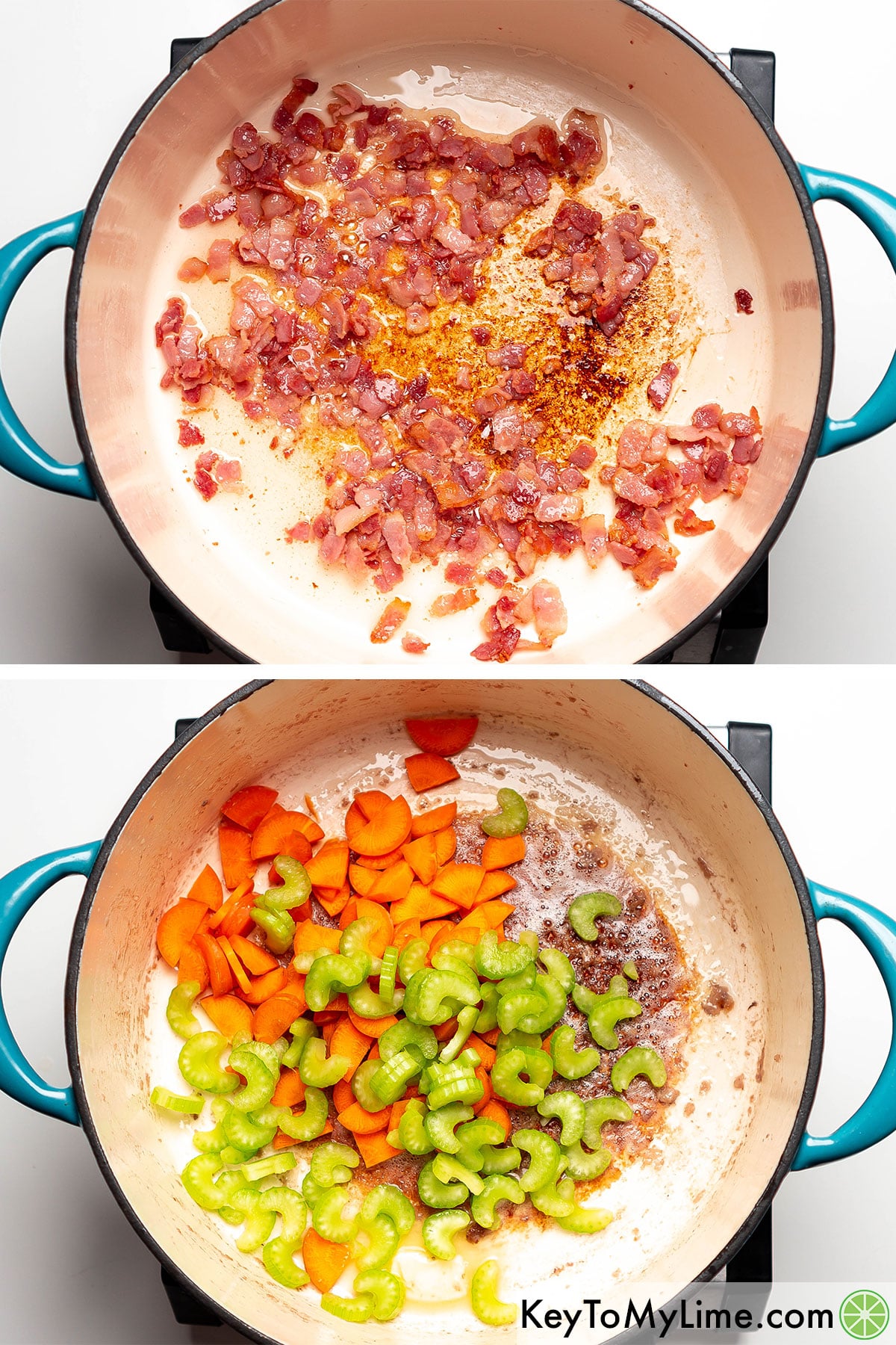 Removing the bacon once cooked from the pot, and then adding in carrots and celery.