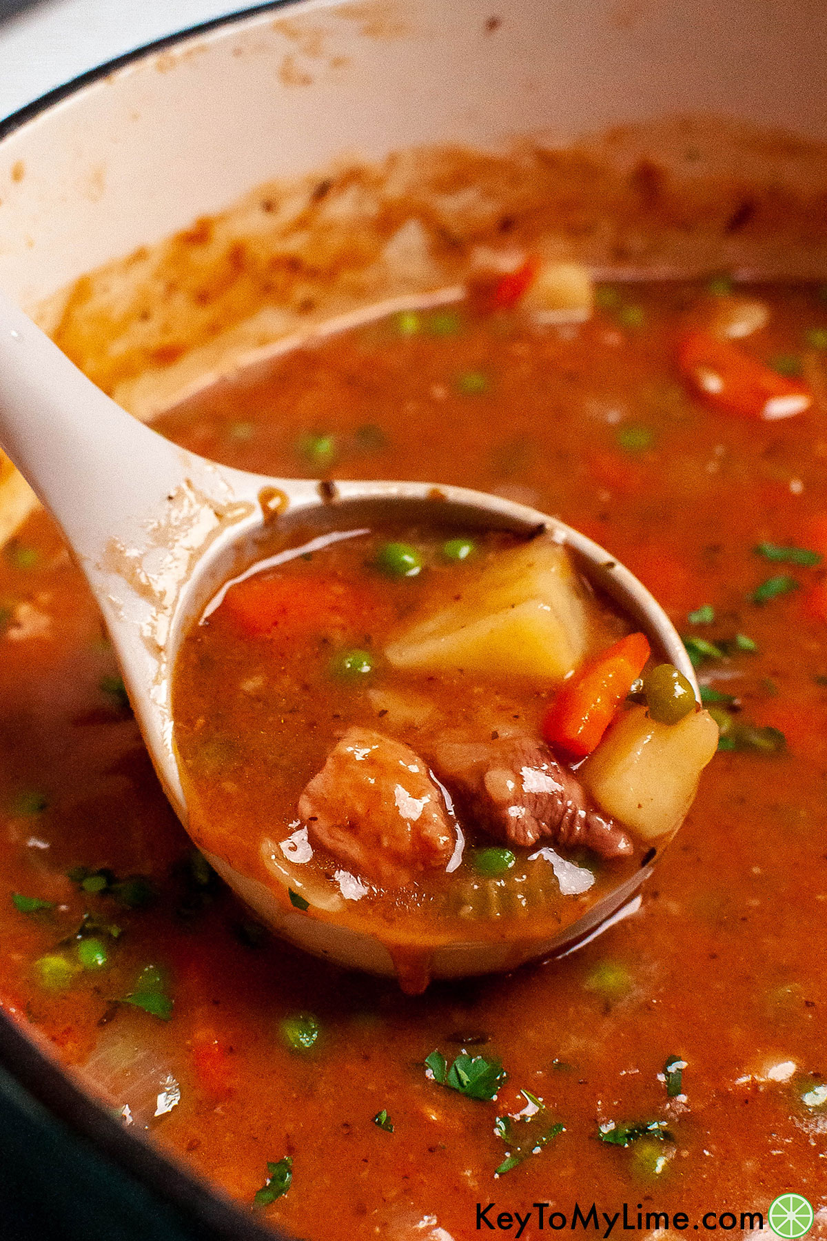 A side image scooping out stew out of a large crockpot.