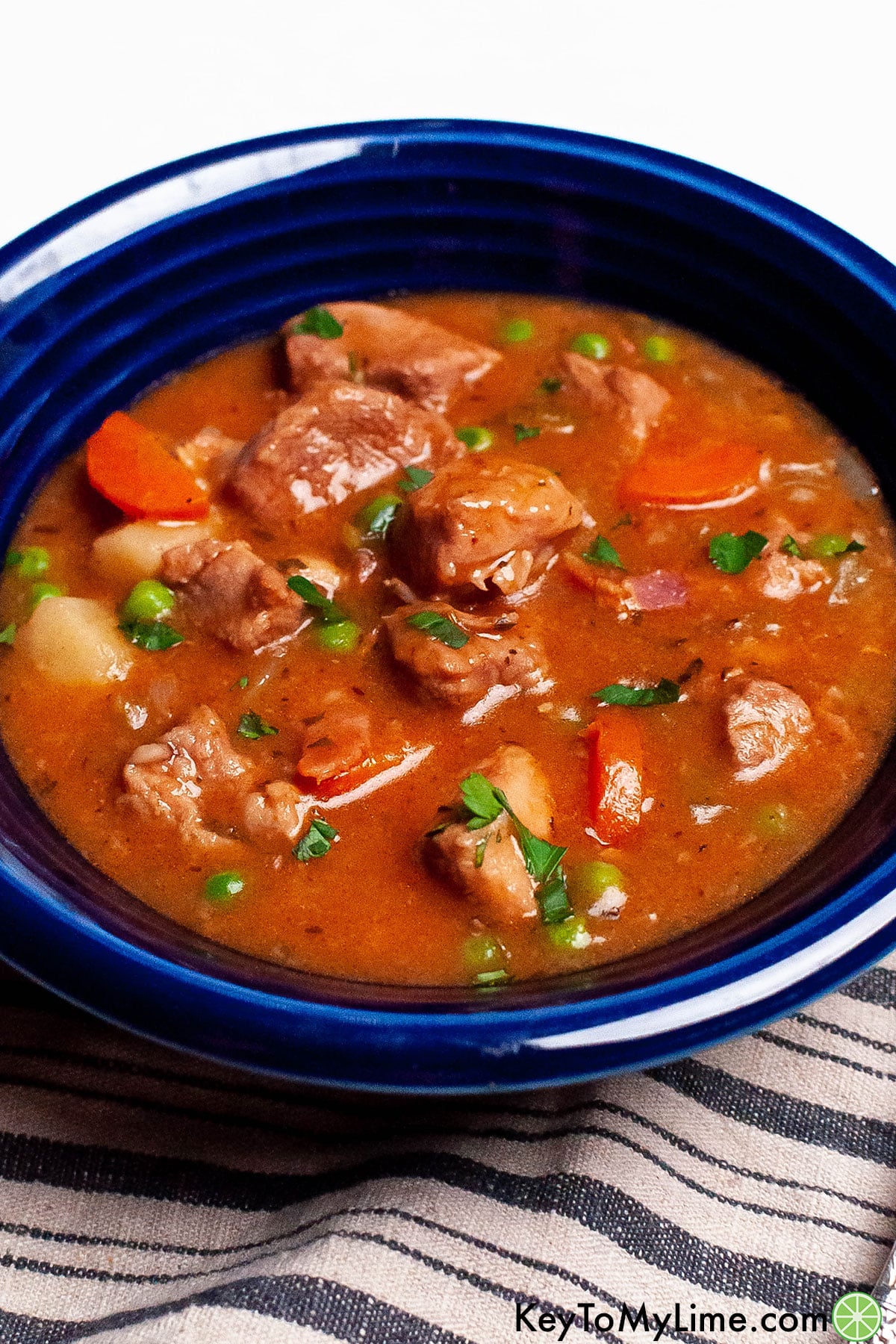 A side image of a small blue serving bowl filled with stew.