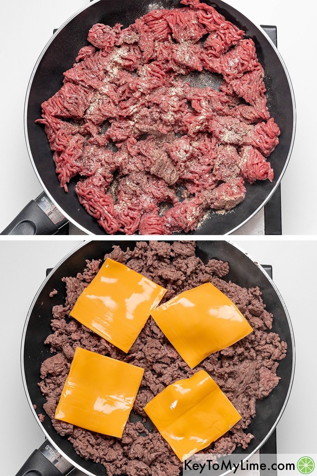 Adding ground beef to a hot large skillet, and then adding cheese once the beef is browned and excess grease is removed.
