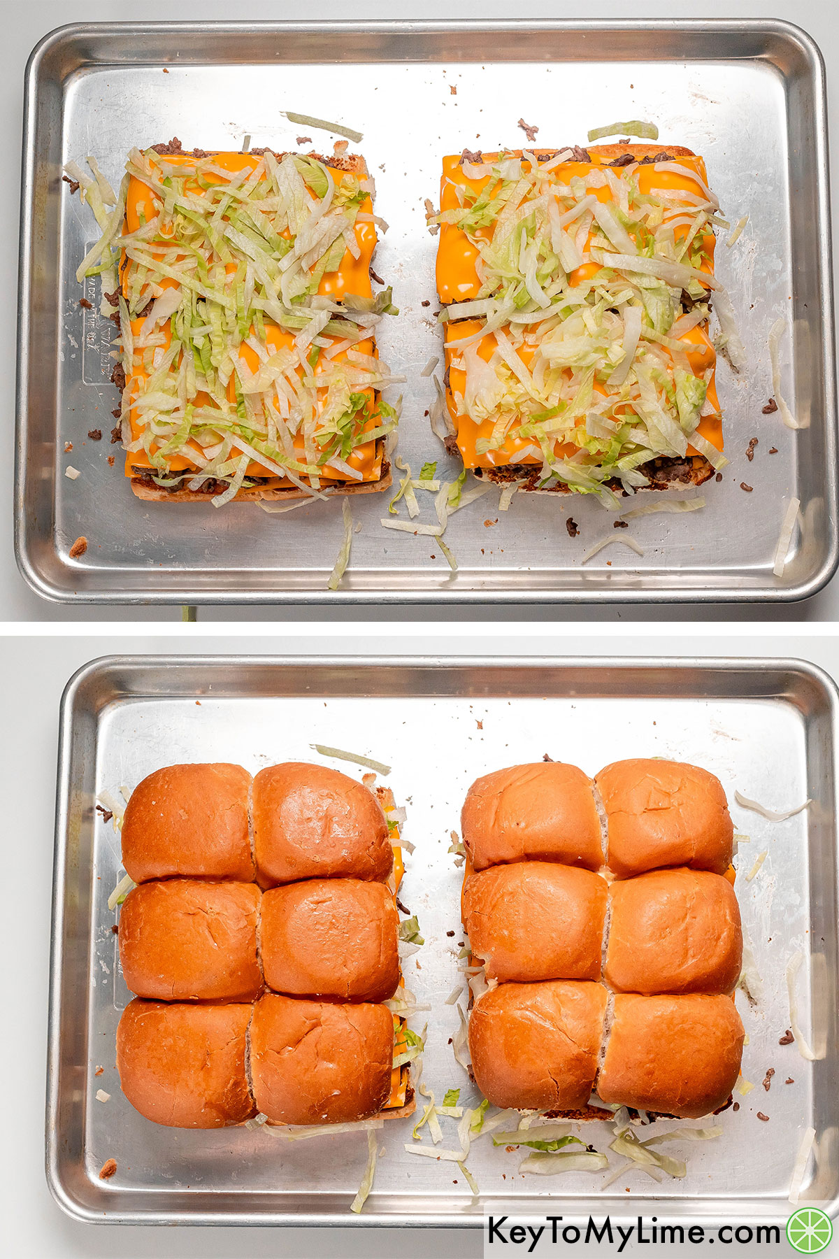 Adding lettuce to the sliders, and then assembling.