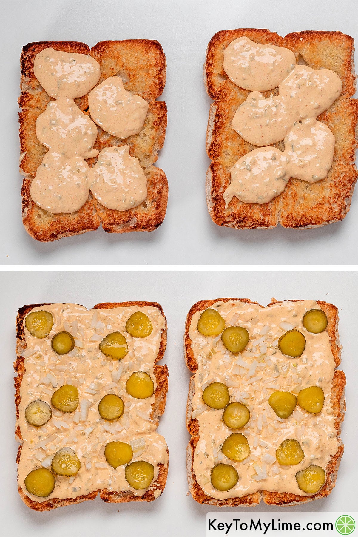 Adding big mac sauce to the slider tops, and then adding pickles and onions.