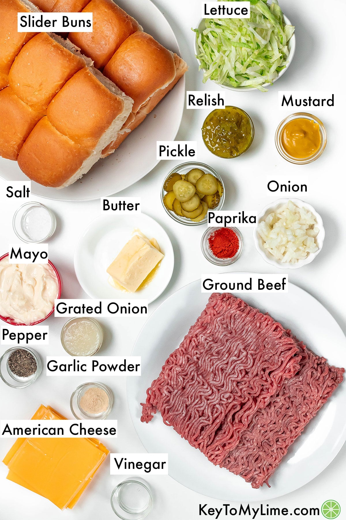 The labeled ingredients for Big Mac sliders.