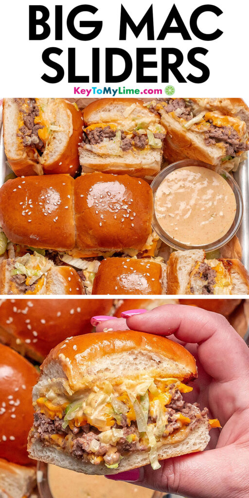 A Pinterest pin image with a picture of Big Mac sliders with title text at the top.
