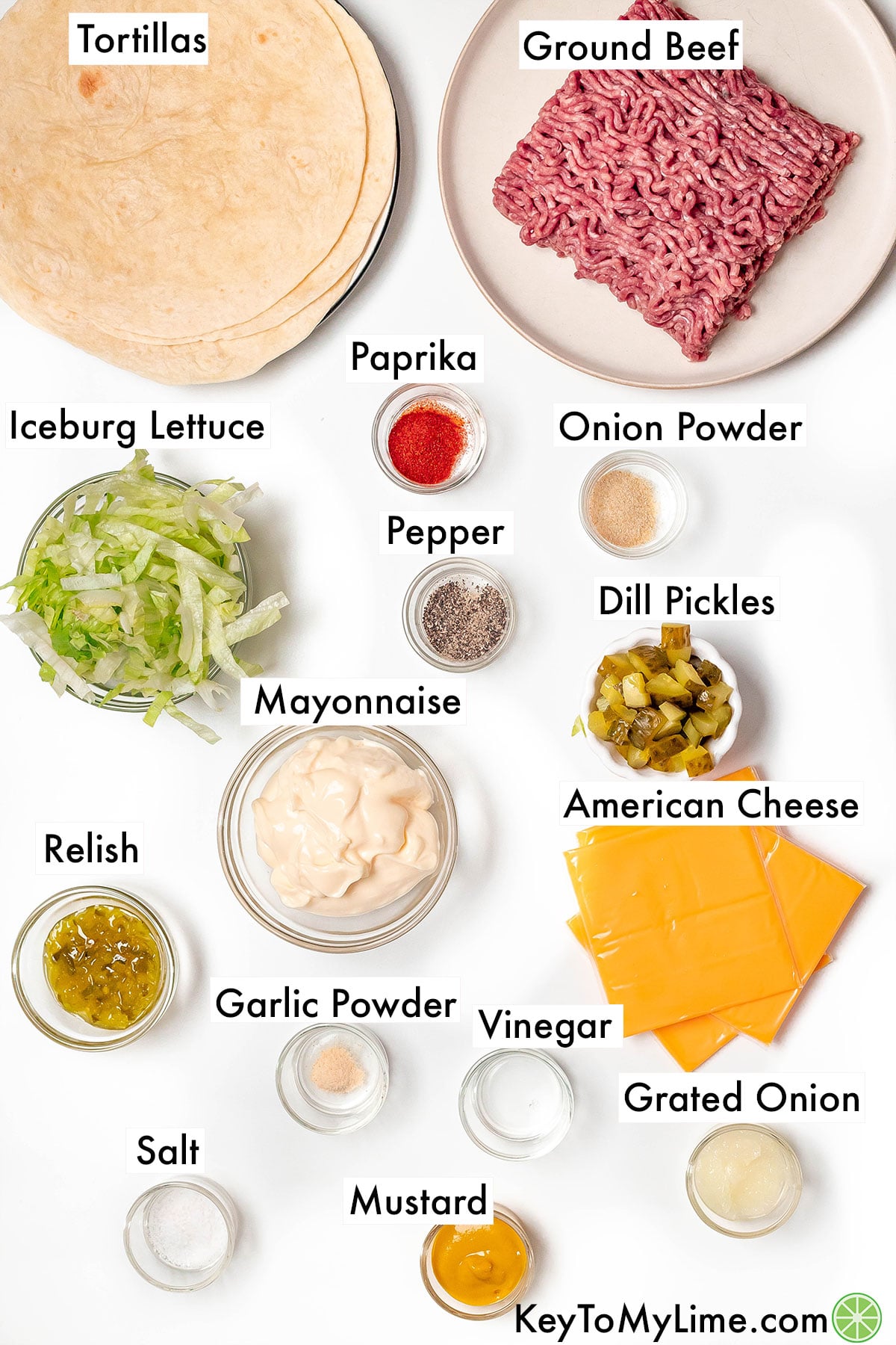 The labeled ingredients for Big Mac tacos.