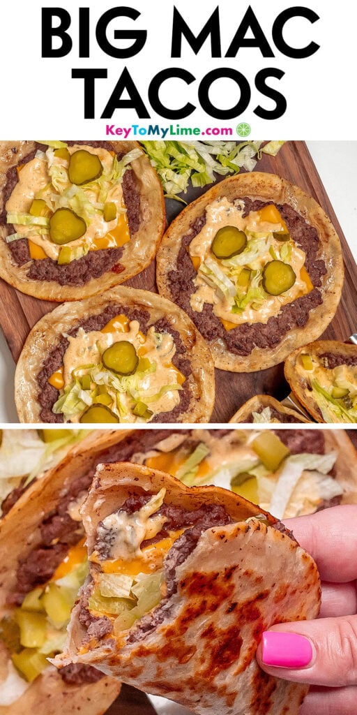 A Pinterest pin image with a picture of Big Mac tacos with title text at the top.