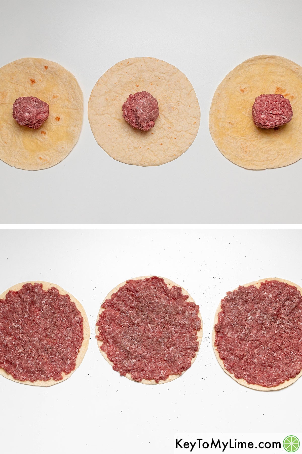 Dividing the ground beef into six equal parts, and then forming and pressing balls in the middle of the tacos.
