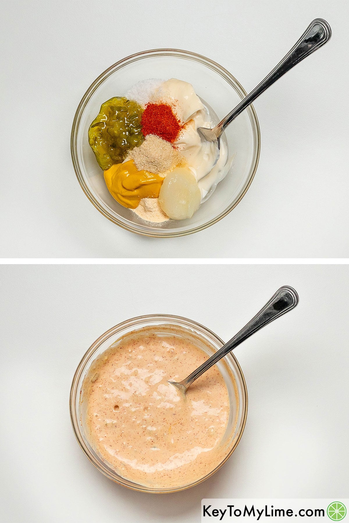 Mixing mayonnaise, mustard, grated onion, and seasonings together in a small mixing bowl.