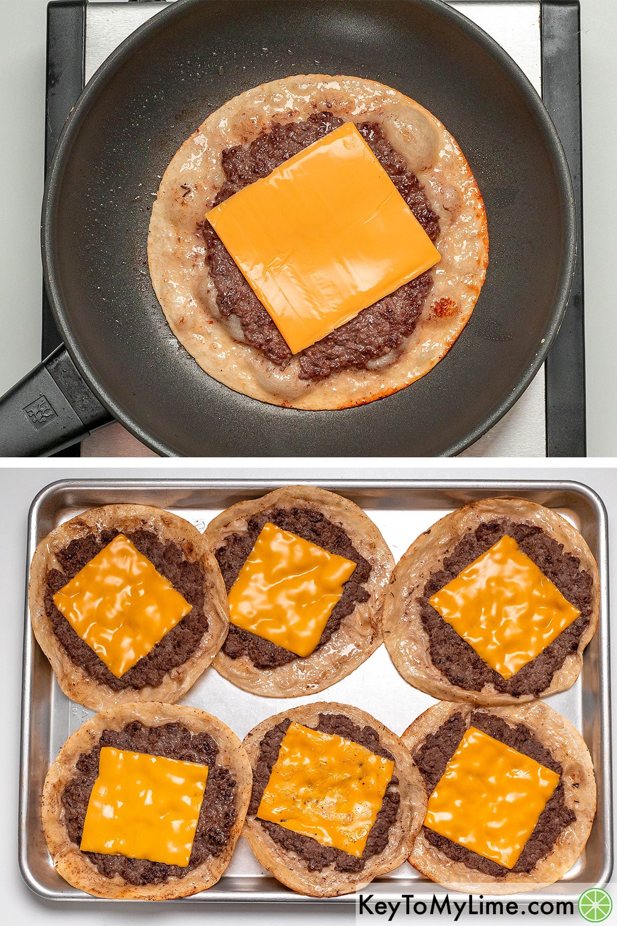 Placing American cheese on top of the beef tacos, and then transferring to the oven.