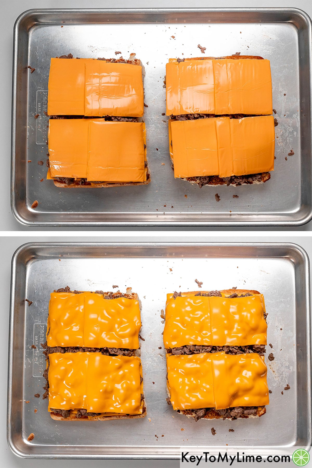 Adding cheese on top of the beef, and then placing back in oven to broil until cheese has melted.