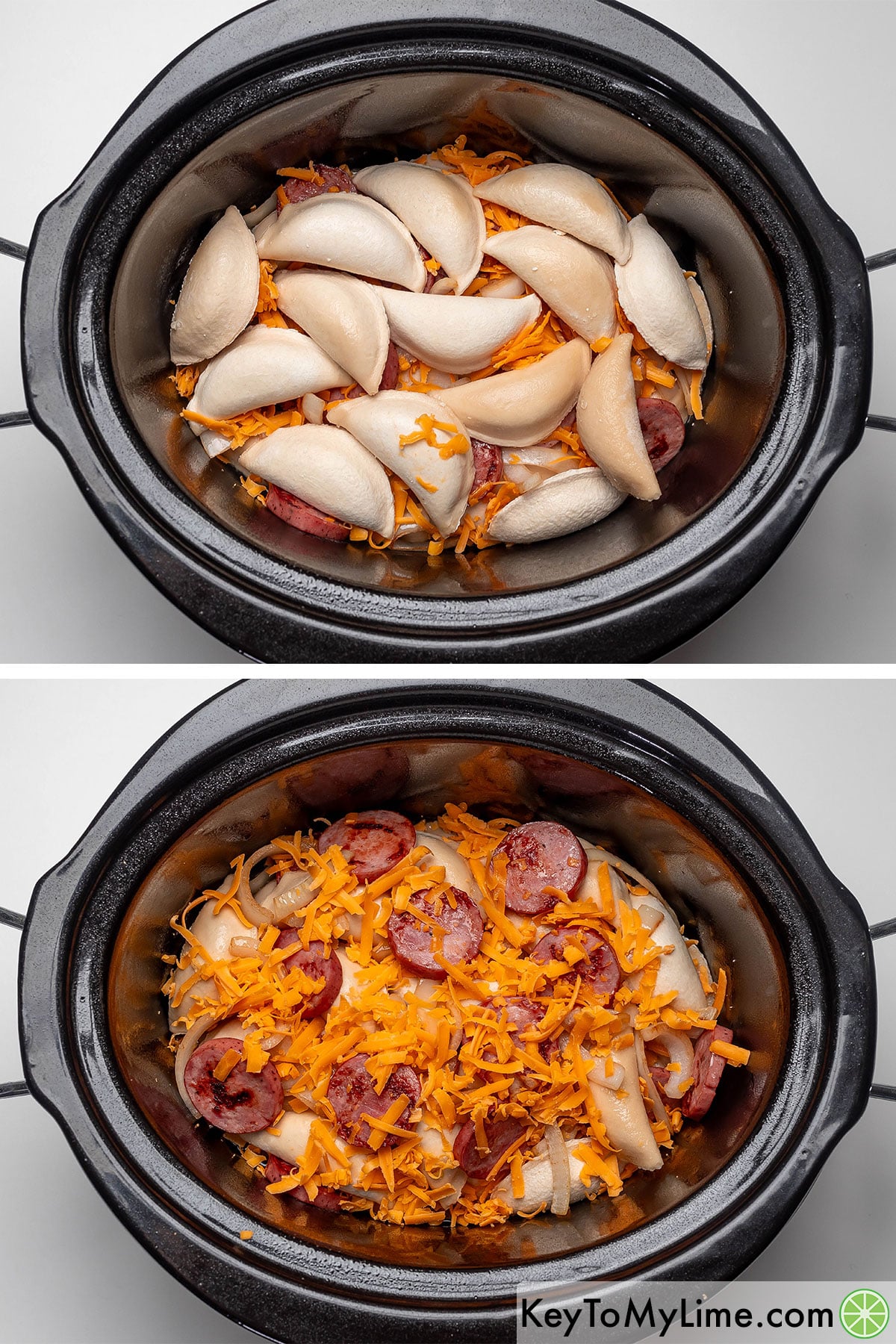Adding another layer of pierogis with the remaining kielbasa and onions, and then covering with cheese.