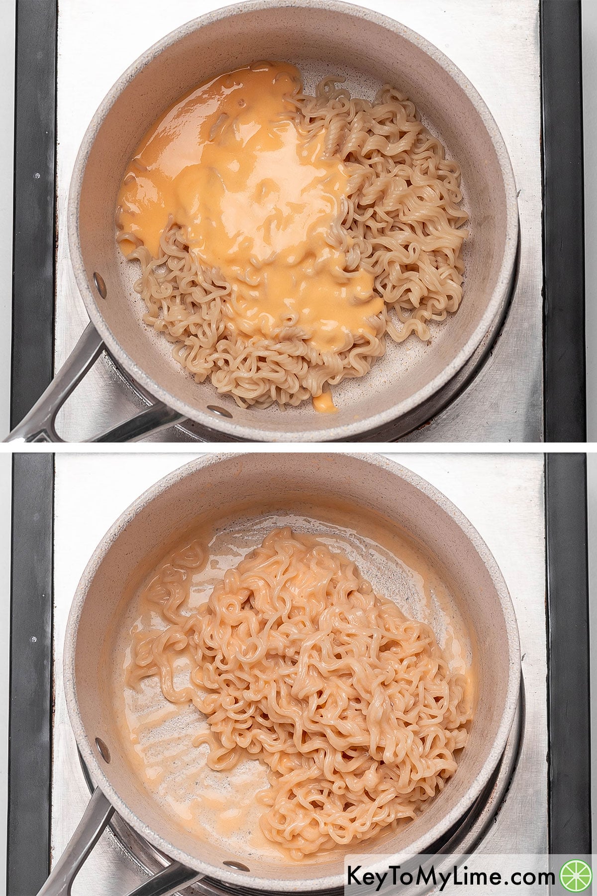 Adding cheese sauce to the cooked and drained ramen, and then tossing until well combined.
