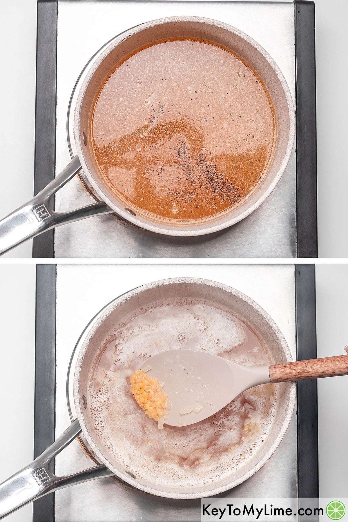 Adding chicken broth, salt, and pepper into a skillet, and then once boiled adding in pasta.