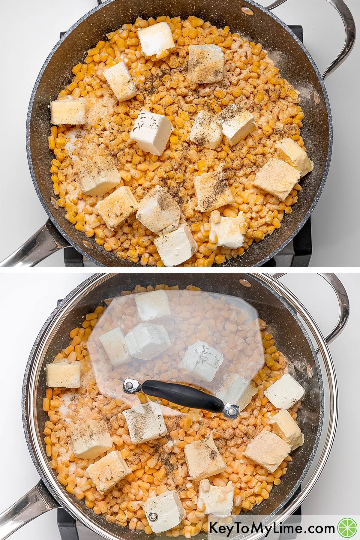 Adding corn, cream cheese, butter, sugar, seasonings, and cream to a hot skillet, and then partially covering with a lid and cooking.