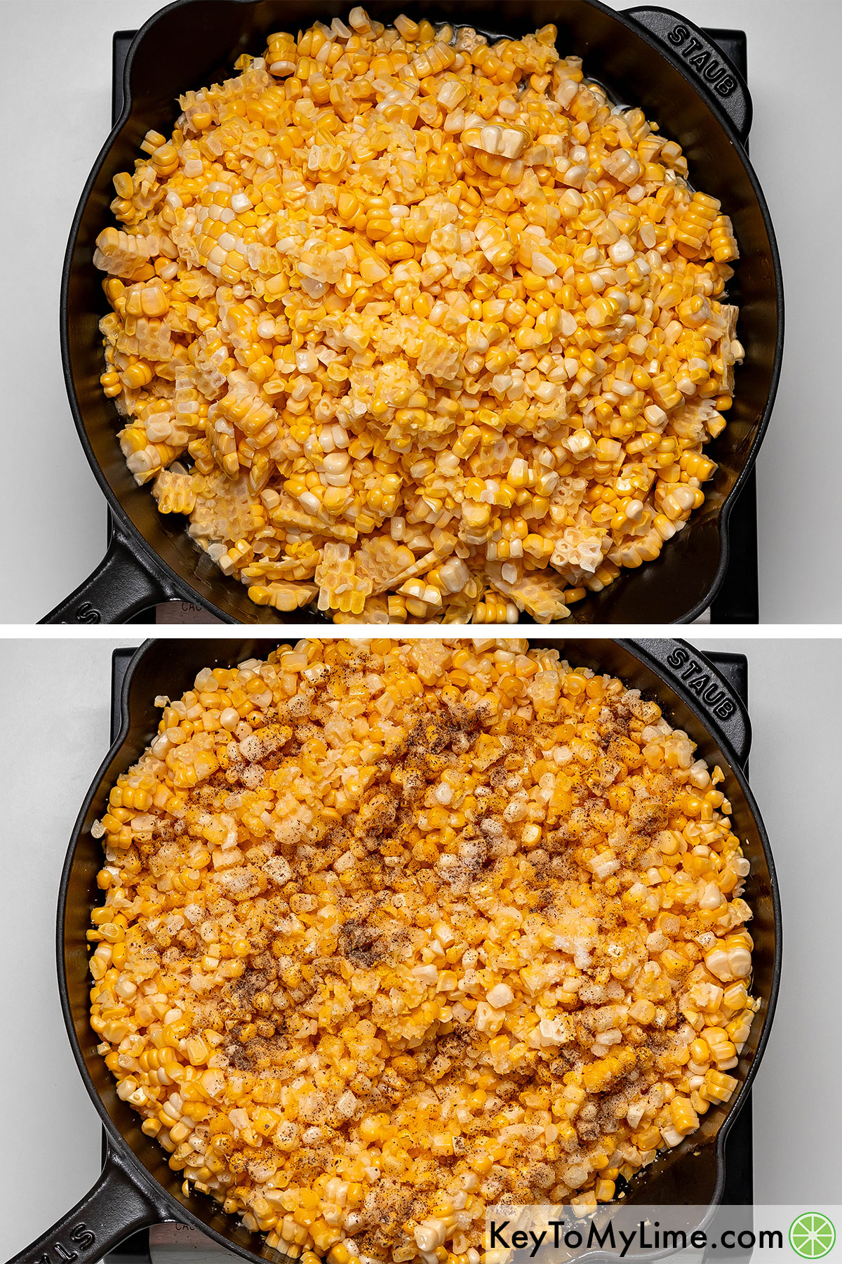 Adding corn to a skillet, and then adding and mixing in salt, pepper, and sugar.