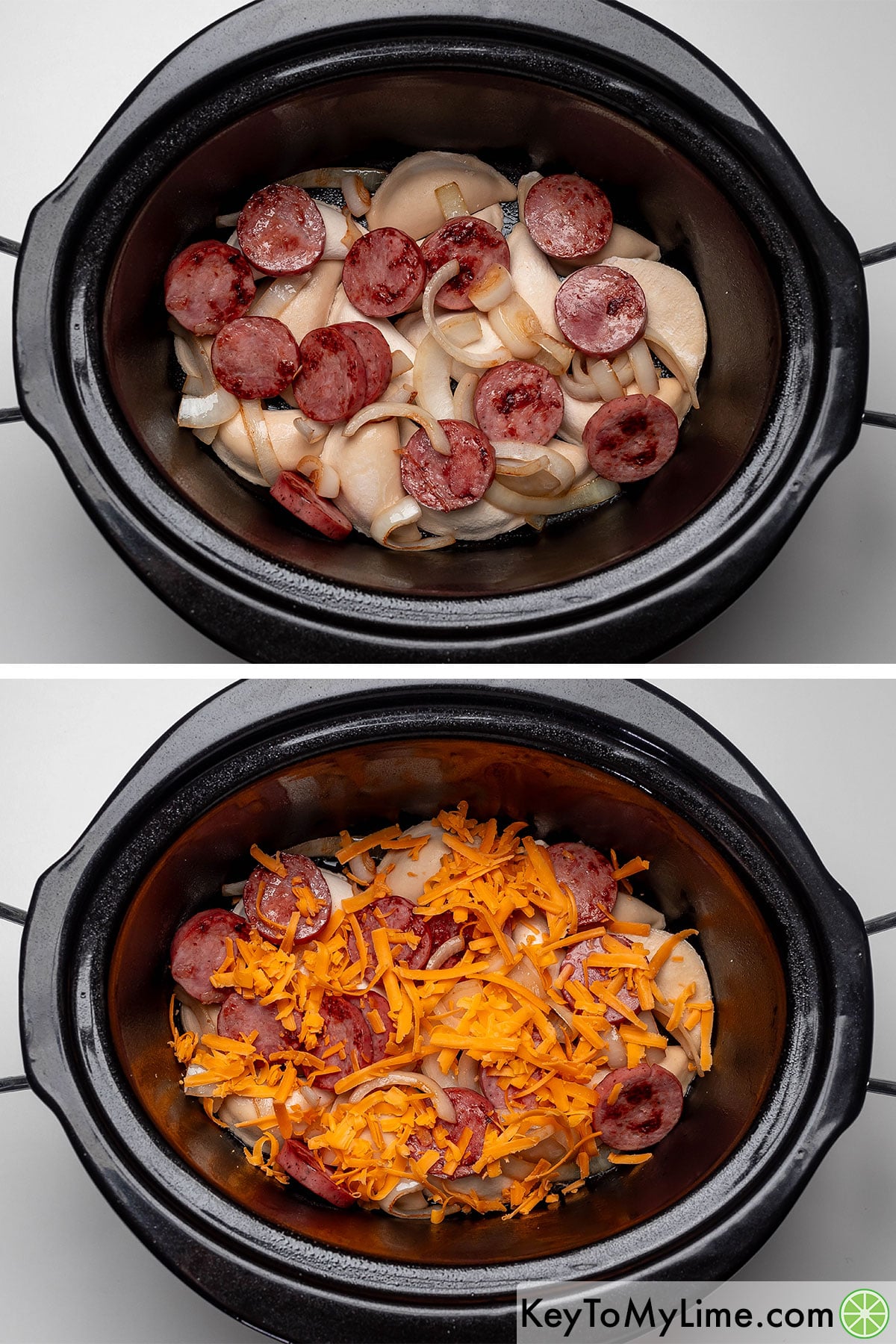 Adding half the seared kielbasa and onions with broth, and then covering with cheddar cheese.