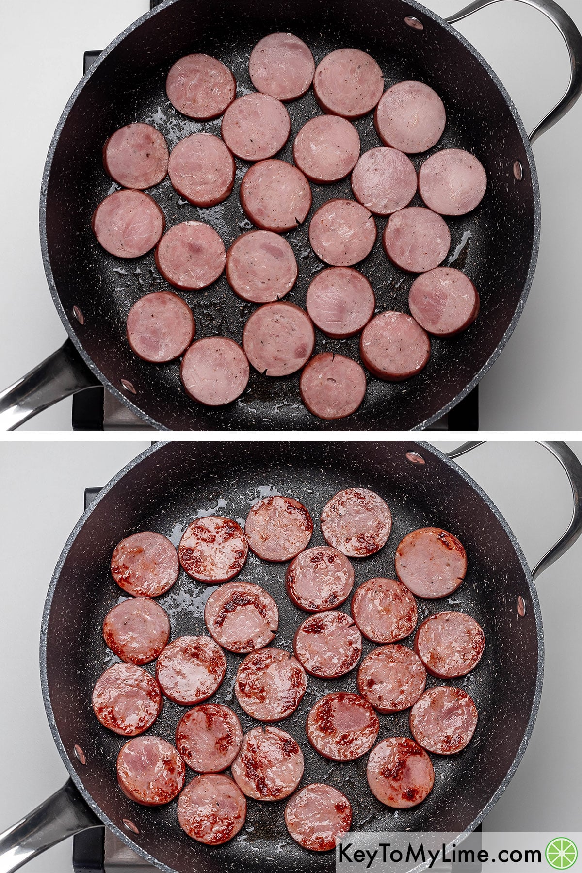 Adding kielbasa slices to a hot skillet, and then searing on both sides.