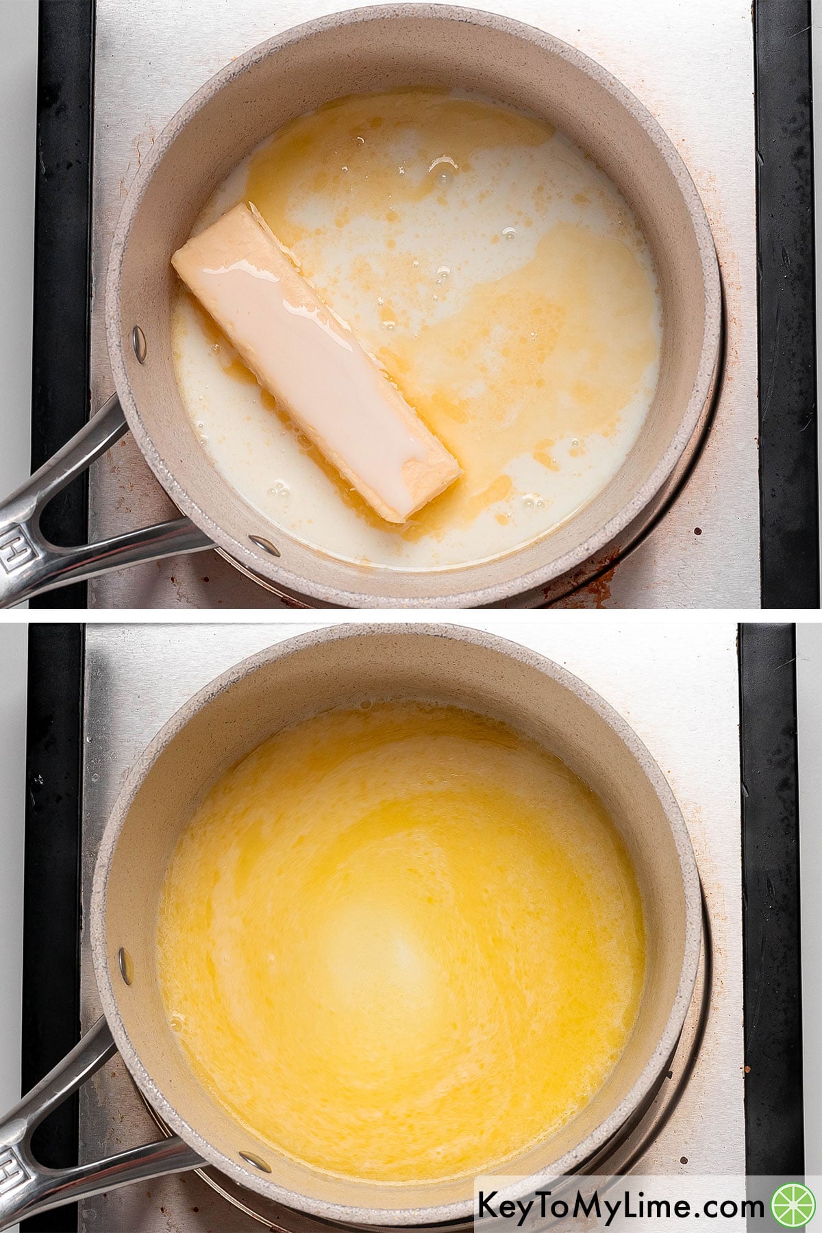 Adding milk and butter to a small saucepan, and then heating until the butter is melted.