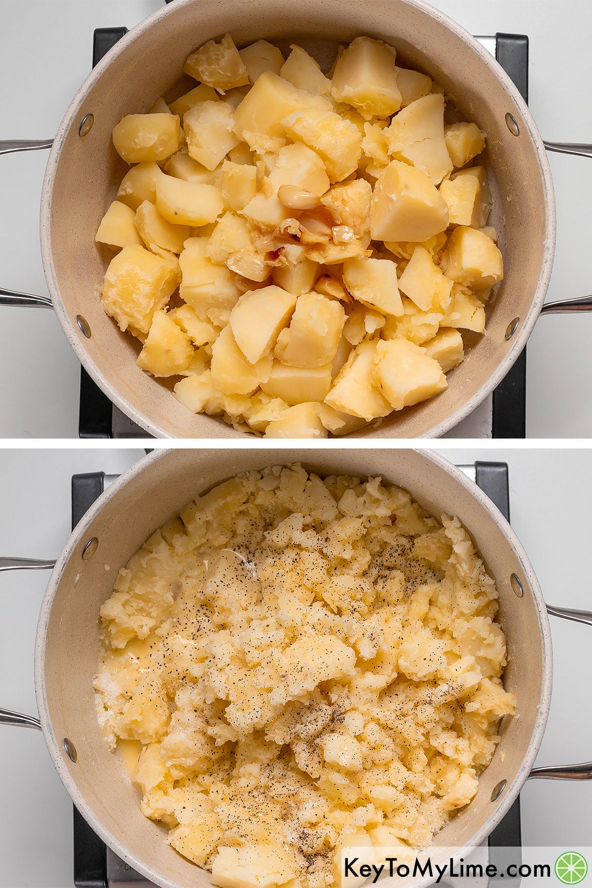 Adding the potatoes back to the pot with garlic, and then mashing and adding milk until a consistent texture.