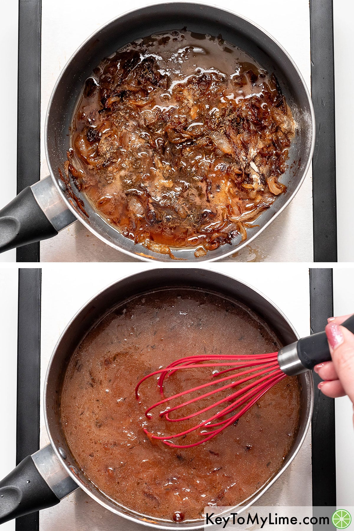 Add red wine vinegar and seasonings, and then simmering and adding broth once the liquid has reduced.