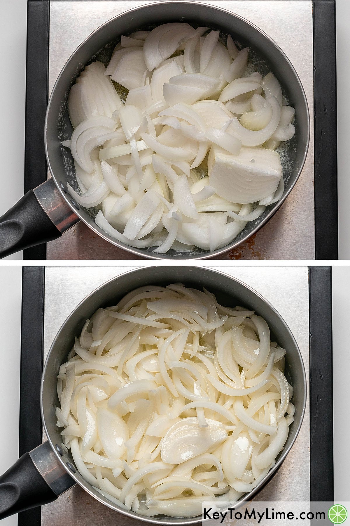 Adding sliced onion to the melted butter and sugar, and then tossing.