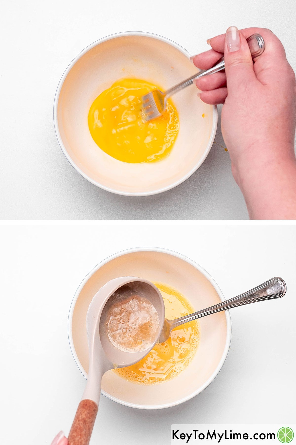 Beating an egg in a small bowl, and then adding and whisking in hot broth.