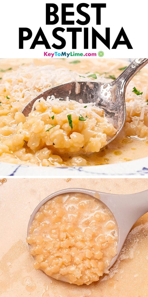 A Pinterest pin image with a picture of pastina with title text at the top.