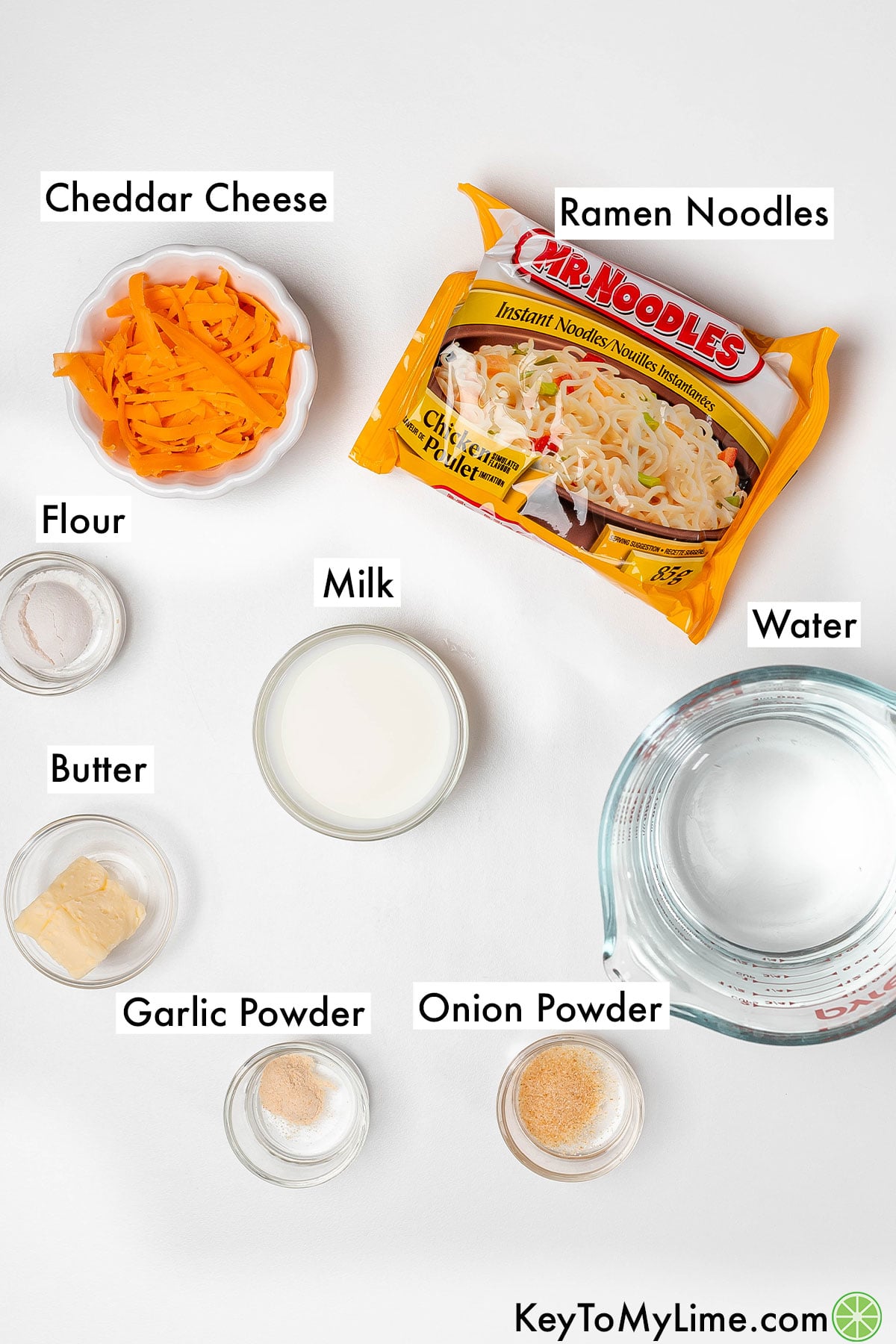 The labeled ingredients for cheesy ramen.
