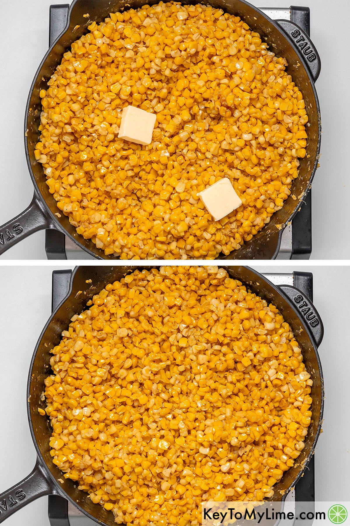 Cooking the corn until tender and has thickened, and then adding and stirring in the remaining butter.